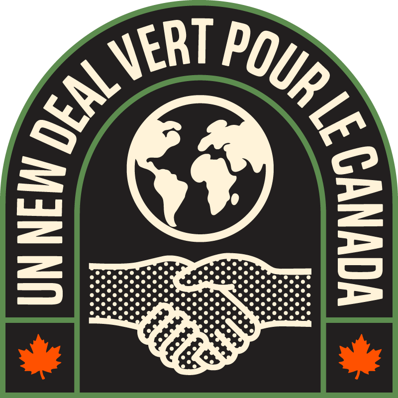 Badge de campagne circulaire avec icône de feuille indiquant 'Un New Deal vert pour le Canada'